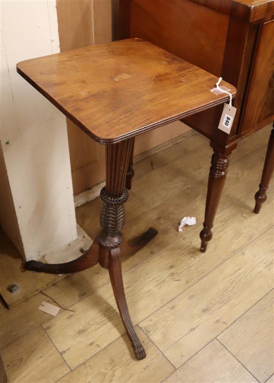 An early 19th century mahogany pedestal on carved fluted tapered column and tripod base (associated top) H.83cm